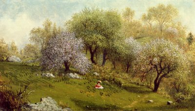 Meisje op een Heuvel, Appelbloesems, 1874 door Martin Johnson Heade